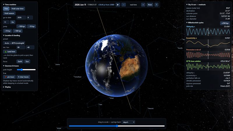 Deep Time Earth — real-scale 3D Earth in space against a true star field